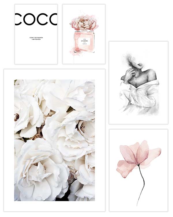 – Mode illustraties, quotes en bloemen in roze en wit