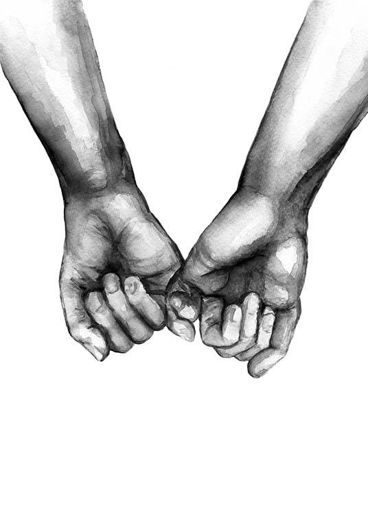  – Aquarel met twee handen die elkaar met hun pinken vasthouden, getekend in zwart en wit