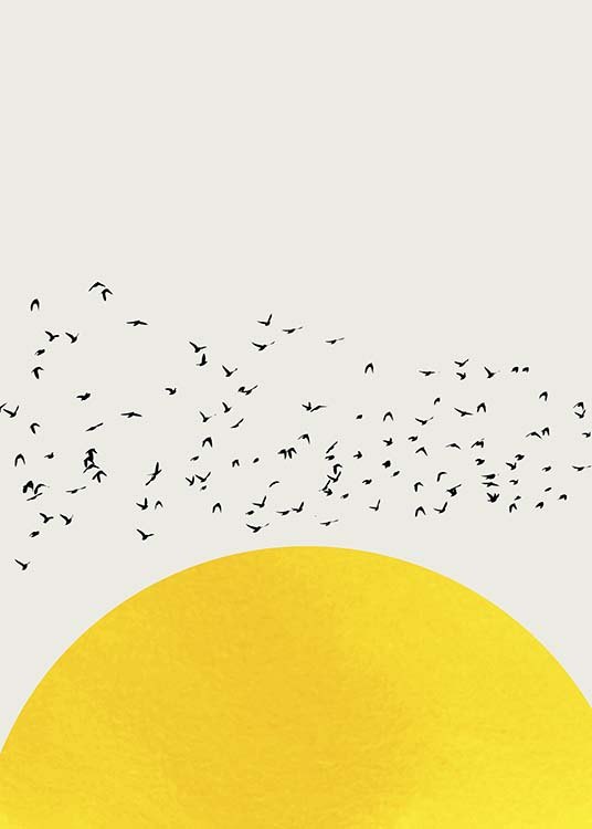  – Grafische illustratie met een gele halve cirkel en een zwerm vogels tegen een beige achtergrond