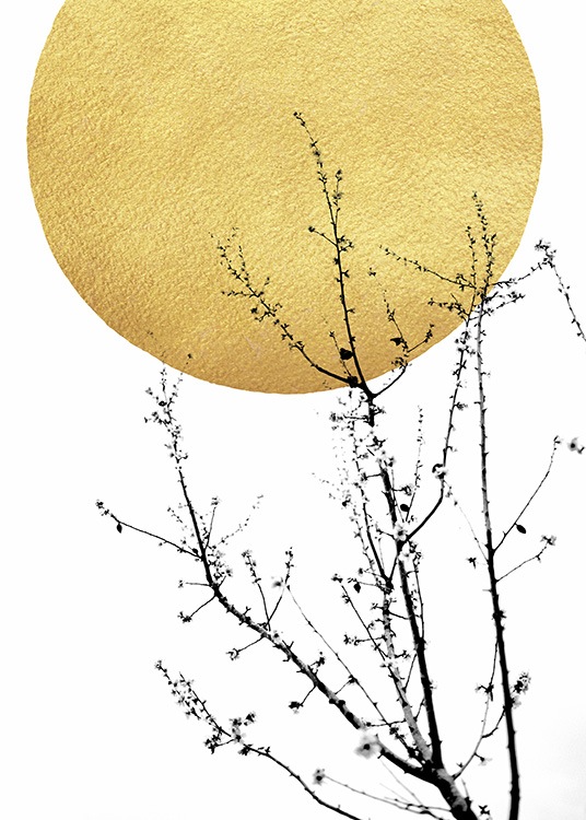 – Abstracte poster met een gouden zon en zwarte takken.
