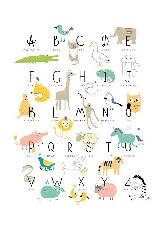 - Poster met het alfabet en dieren op een witte achtergrond.
