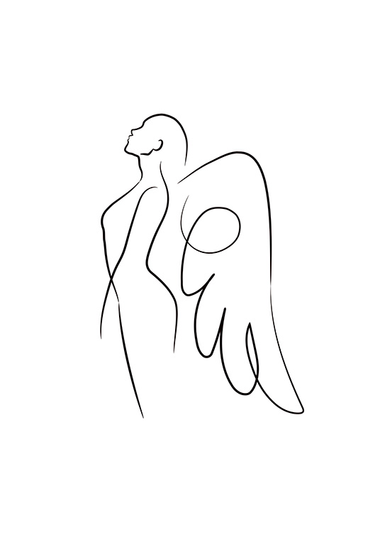 — Line art poster van een engel die naar de zijkant kijkt op een witte achtergrond