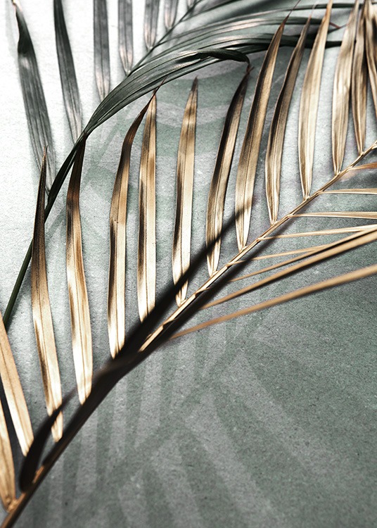  – Foto van gouden en groene palmbladeren die op een stenen achtergrond liggen