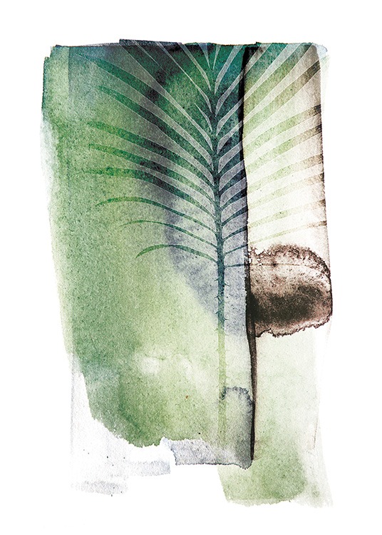 – Kunstposter van groene verfstreken met een varenplant op een witte achtergrond. 