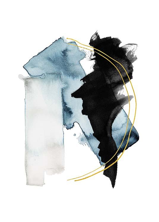  – Aquarel met abstracte vormen in zwart en blauw met twee gouden halfronde bogen