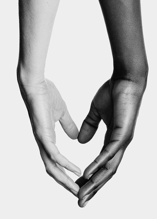 – Zwart-wit poster van handen die elkaar raken. 