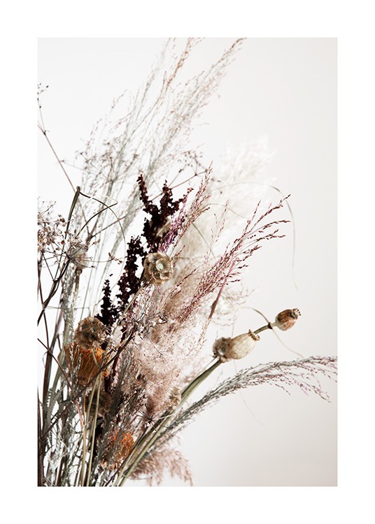  – Foto van droogbloemen en gras in een boeket tegen een lichtgrijze achtergrond