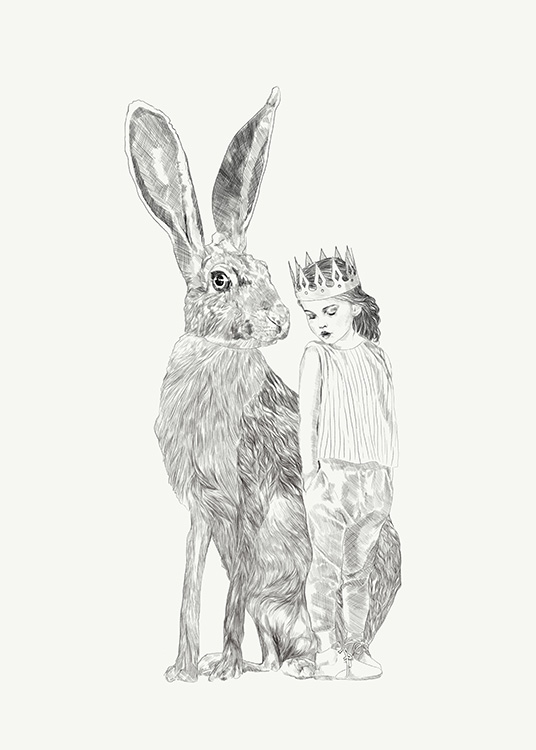 –Tekening van een meisje en een konijn naast elkaar. 