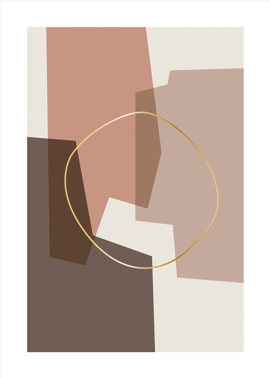  – Grafische illustratie van een gouden cirkel bovenop abstracte vormen in beige en lichtrood