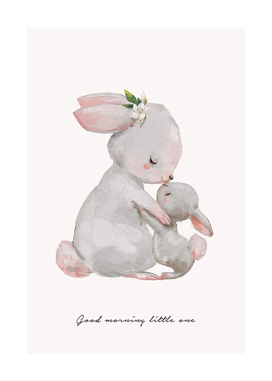 Geïllustreerde kinderposter met moeder konijn die haar baby konijntje wakker kust