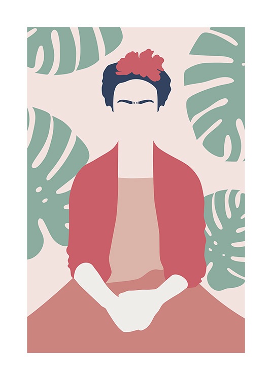 Poster met grafische illustratie van Frida Kahlo in rode kleding zittend voor monsterabladeren
