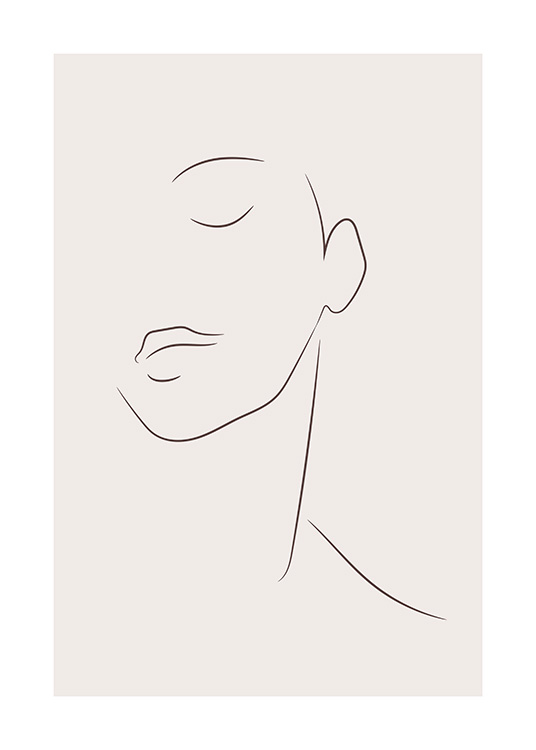 Line art-illustratie van gezicht met gesloten ogen, getekend in line art op beige achtergrond