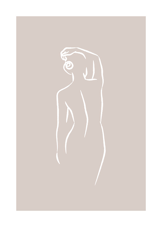 Illustratie in witte line art van vrouw van achteren, op beige achtergrond