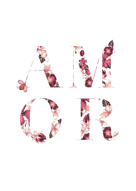  - Typografieposter met het woord Amor geschreven met bloemetjes binnen in de letters op een witte achtergrond