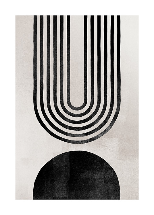  – Abstracte boog in zwart gemaakt van lijnen met een zwarte figuur eronder en een beige achtergrond