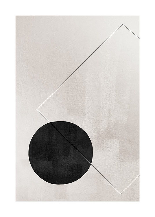  – Illustratie met een beige achtergrond en een omlijnd vierkant met een zwarte cirkel