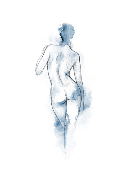  - Schets van naakte vrouw op een witte achtergrond, met blauwe aquarel spetters