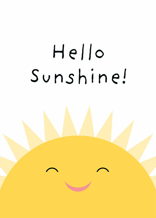  - Grafische illustratie van Hello Sunshine boven een lachende zon geschreven