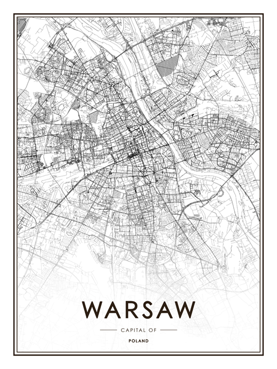  - Zwart-wit kaart met coördinaten van Warschau en Polen eronder geschreven
