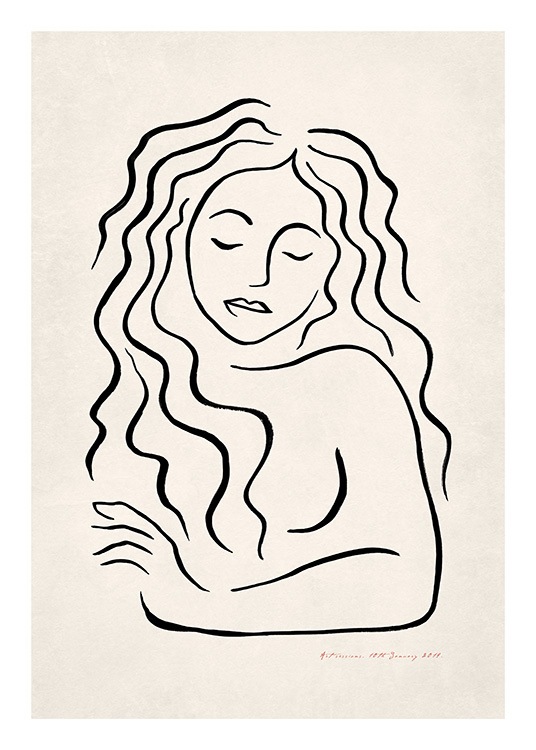  - Geïllustreerd ontwerp van handgeschilderde vrouw met lang krullend haar, getekend in zwart op een beige achtergrond
