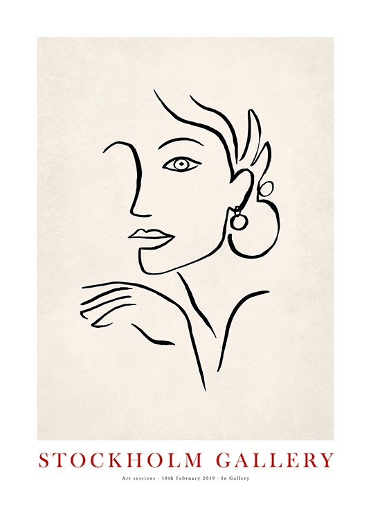  - Illustratie van een vrouwengezicht met handgeschilderd zwarte lijnen op een beige achtergrond
