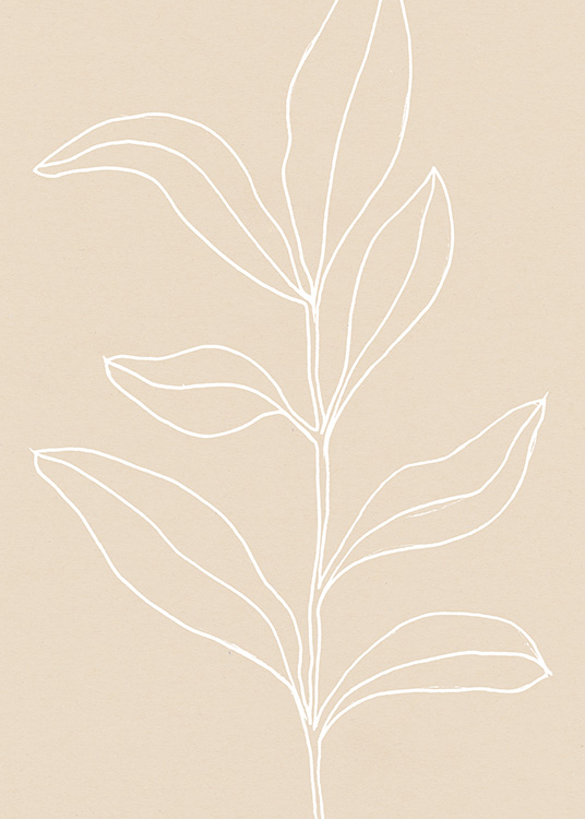  - Geschilderde bladeren op een beige achtergrond, met de bladeren in wit en handgetekende lijnen