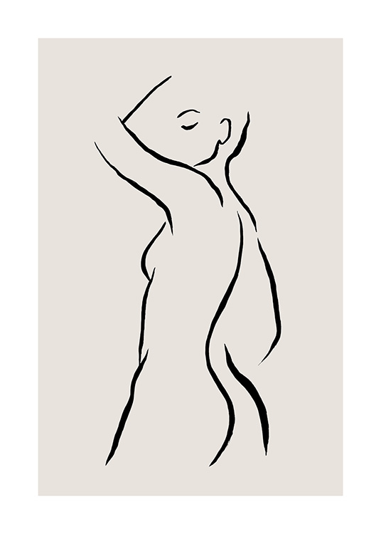 - Illustratie met handgetekende naakte vrouw in zwart op een beige achtergrond