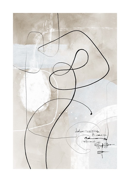  – Illustratie met abstracte vormen en lijnen in wit en zwart op een beige aquarelachtergrond