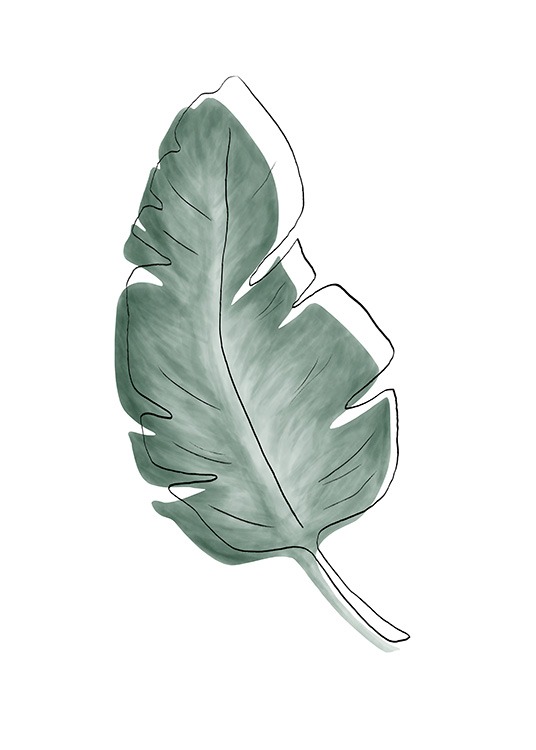  – Aquarel van een groen blad onder een zwarte schets van de contouren van het blad