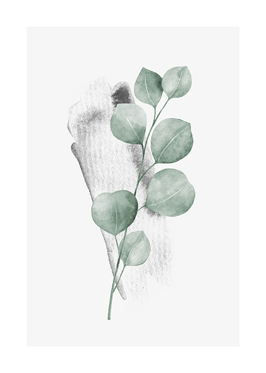  – Aquarel van een kleine eucalyptustak met groene bladeren op een lichtgrijze achtergrond