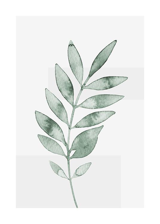  – Aquarel met een fijn groen blad op een lichtgrijze achtergrond