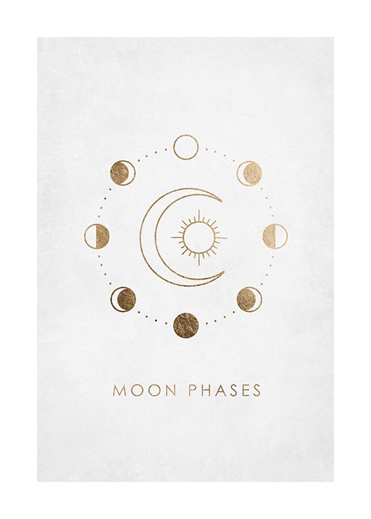  – Grafische illustraties van een gouden maan en zon omringd door kleine gouden cirkels