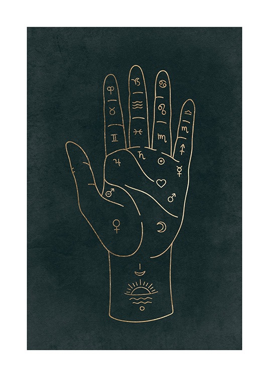  – Grafische illustratie met astronomische tekens op de binnenkant van een hand