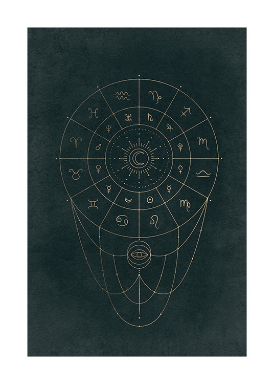  – Grafische illustratie met een gouden cirkel en astronomische tekens