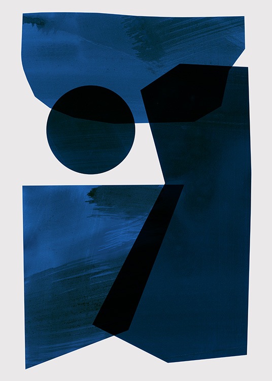  – Grafische abstracte illustratie met grote vormen in donkerblauw op een lichtbeige achtergrond
