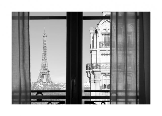  – Zwart wit foto van de Eiffeltoren en een gebouw gezien vanuit een raam