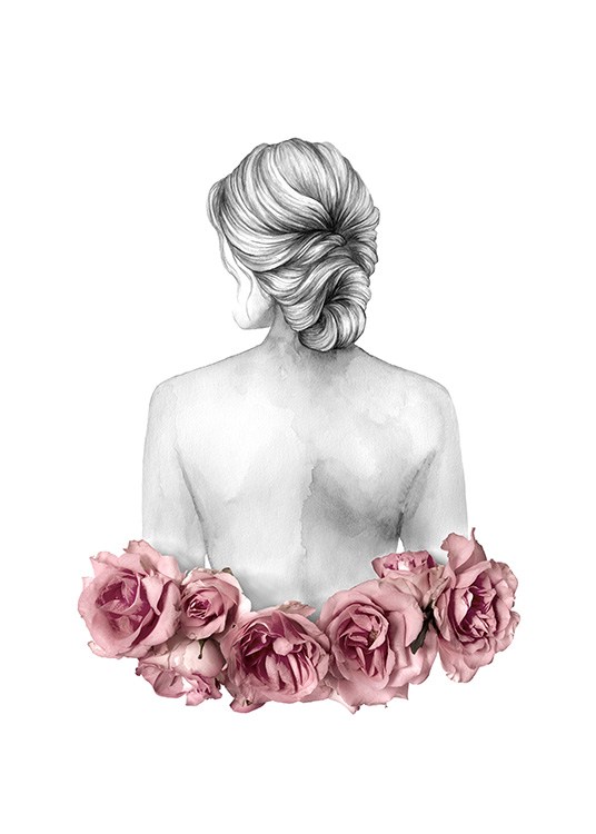  – Illustratie van een vrouw met rozen rond haar taille en het haar in een laag knotje draagt