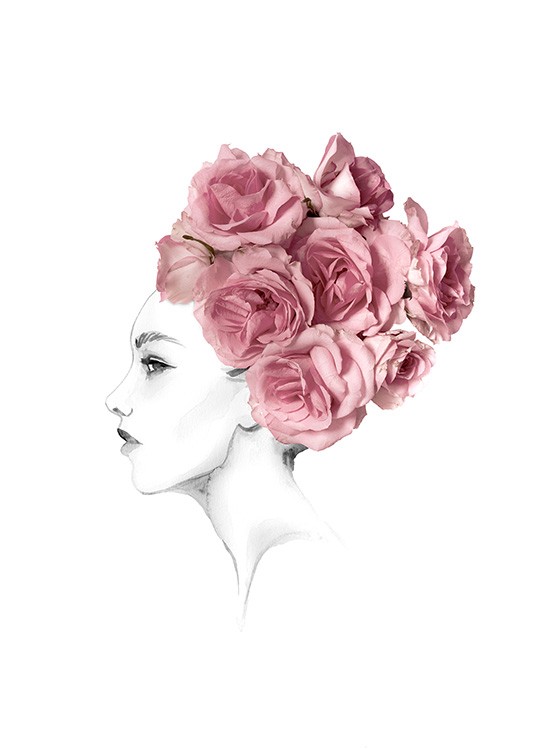  – Schets van een vrouw in zwart en wit met roze rozen als een knot in het haar