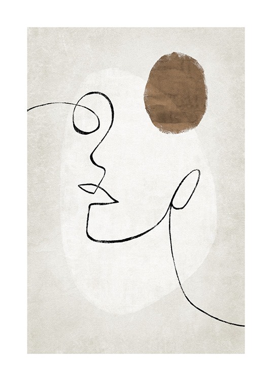  – Illustratie met abstracte vormen en een gezicht in line art op een beige achtergrond