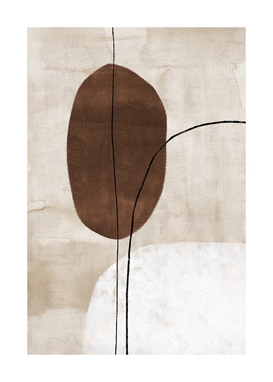 - Schilderij met abstracte vormen en lijnen in zwart en bruin op een beige achtergrond