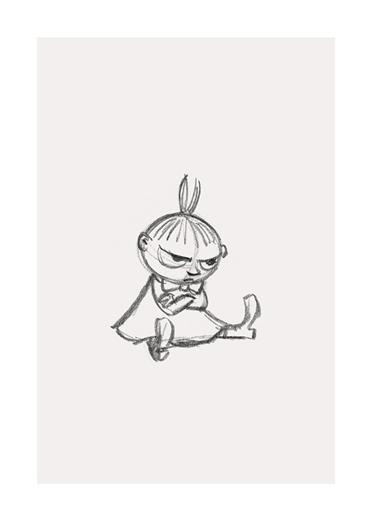  – Potloodschets van het karakter Kleine Mie uit de Moeminvallei, die met haar armen gekruist zit