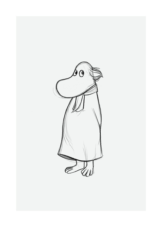  – Schets van het karakter Troel uit de Moeminvallei met zijn handen achter zijn rug, getekend op een lichtgrijze achtergrond
