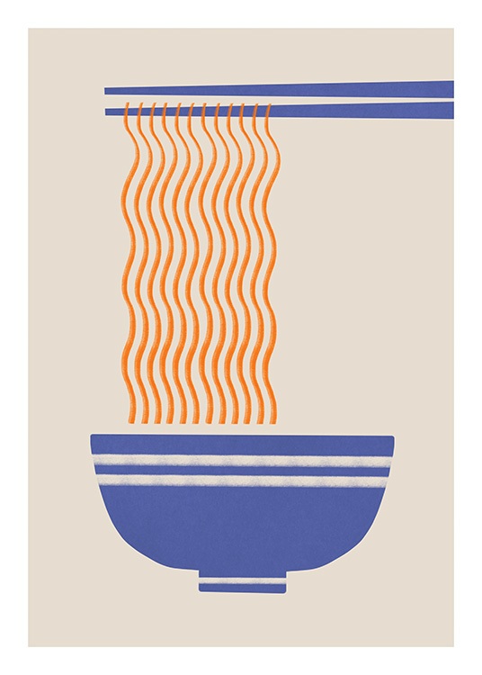  – Grafische illustraties van oranje noedels en blauwe eetstokjes en een blauwe kom