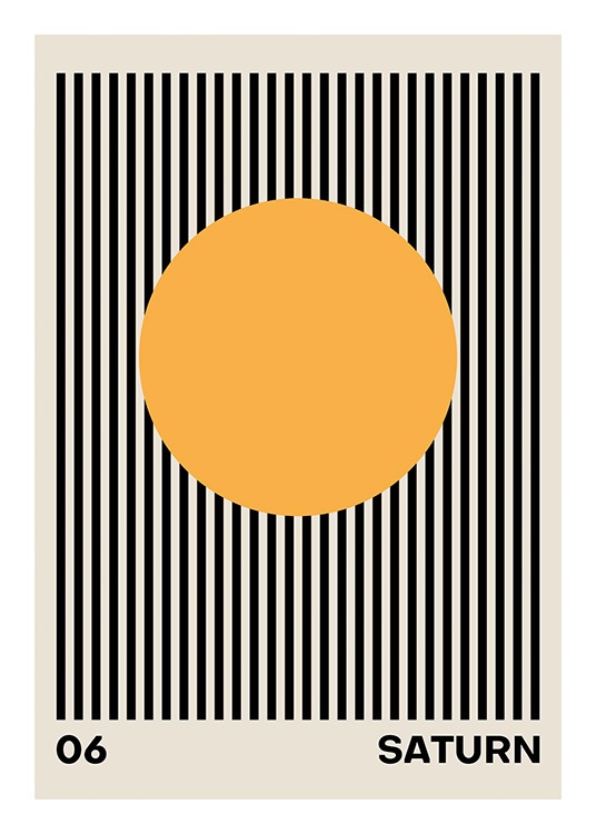  – Grafische illustratie met zwarte strepen op een beige achtergrond en een oranje cirkel in het midden