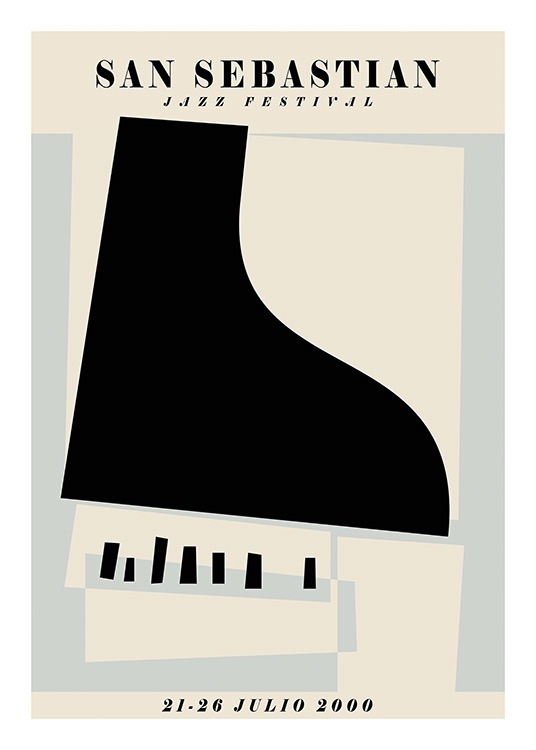  – Grafische illustratie van een jazzfestivalaffiche met een piano in het midden en tekst aan de boven- en onderkant