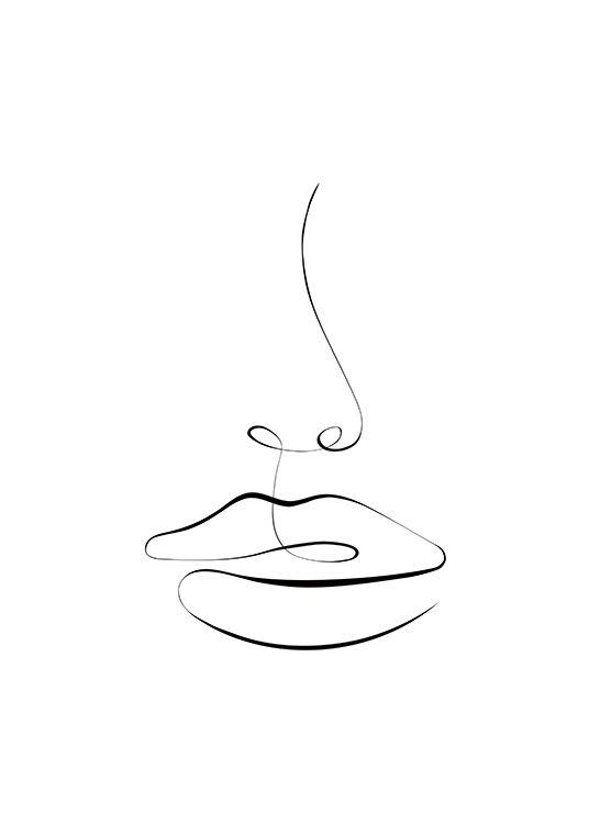  - Line art illustratie met een abstracte tekening van een paar lippen en een neus