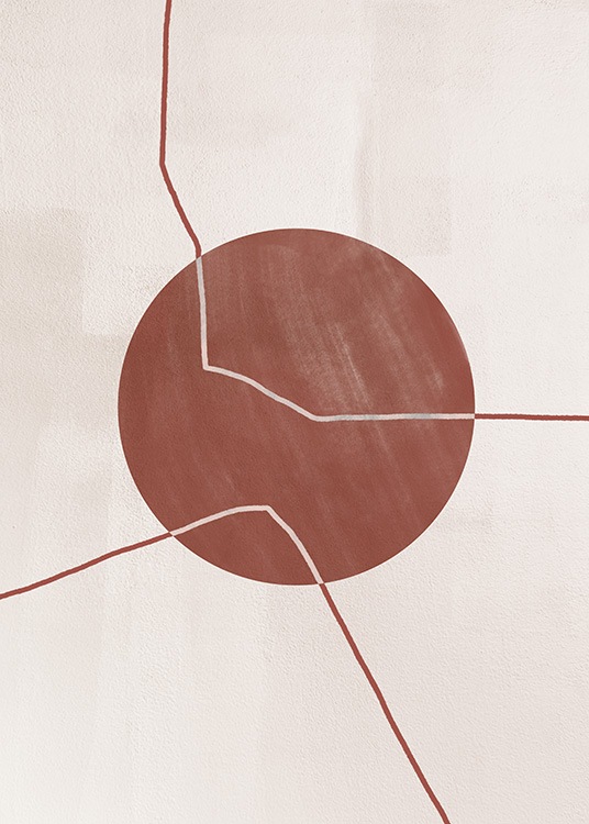  - Illustratie met abstracte lijnen die door een cirkel in rood lopen, op een beige achtergrond