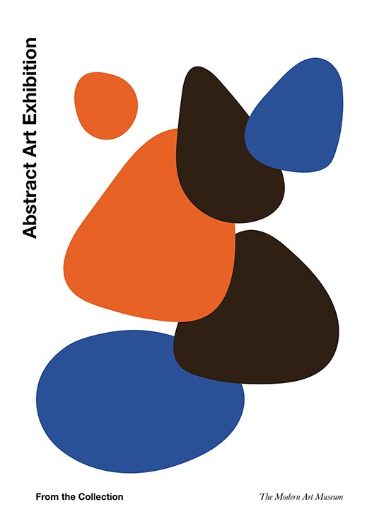  - Grafische illustratie van zwarte, oranje en blauwe vormen op een witte achtergrond