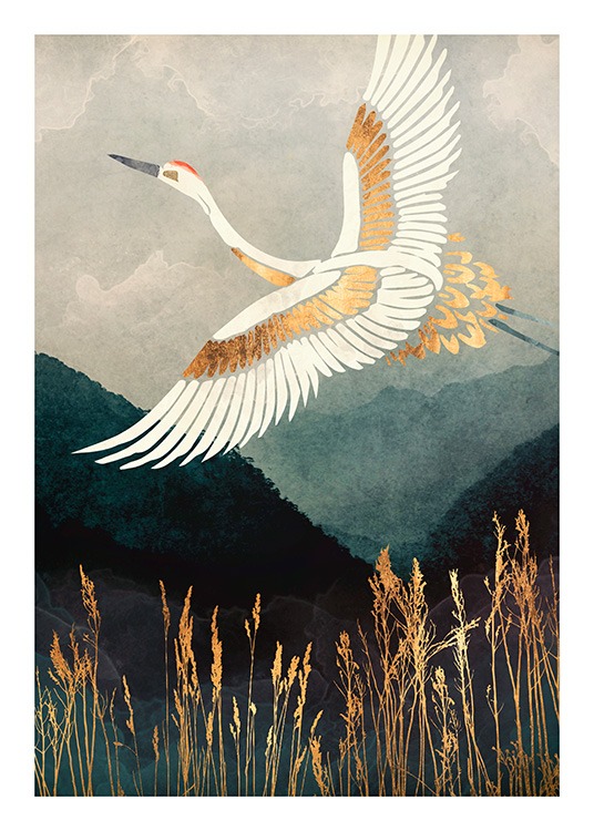  - Grafische illustratie van een kraanvogel in wit en goud, die over een berglandschap en hoog gras heen vliegt