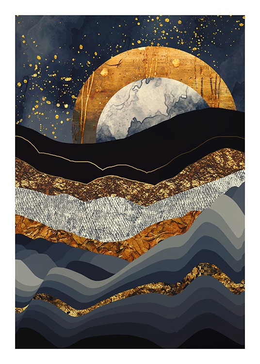  - Grafische illustratie met een blauw berglandschap en een gouden maan op de achtergrond